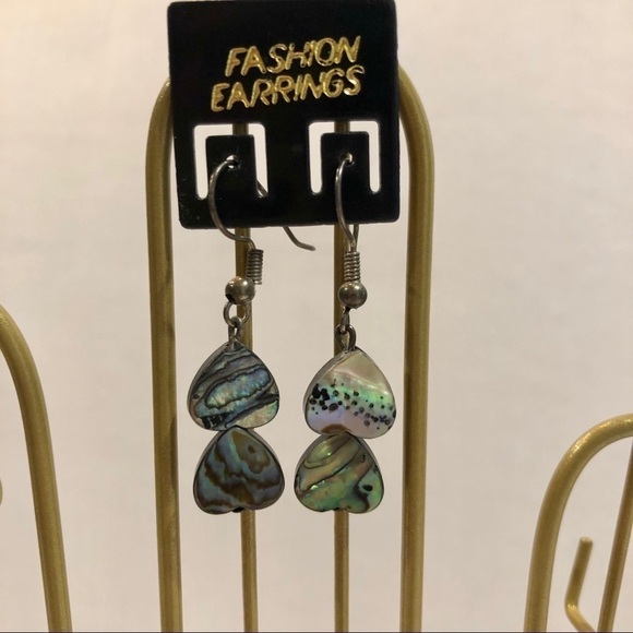Abalone Iridescent Heart Dangle Earrings - Picture 1 of 3